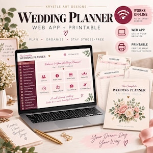 Wedding Planner Interactive Web-app and Printable Planner | Works Offline | Budget Tracker Guest List Vendor Seating Plan RSVP etc