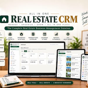 May include: An all-in-one real estate CRM software displayed on a laptop, tablet, and smartphone. The interface shows dashboards for leads, properties, transactions, and reports. Features include offline access, local data storage, and no monthly fees.