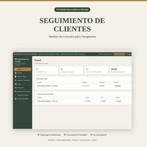 May include: A digital software interface for private practice client management, featuring a dark green sidebar with navigation icons and a white dashboard displaying active clients, sessions, upcoming appointments, and pending invoices.