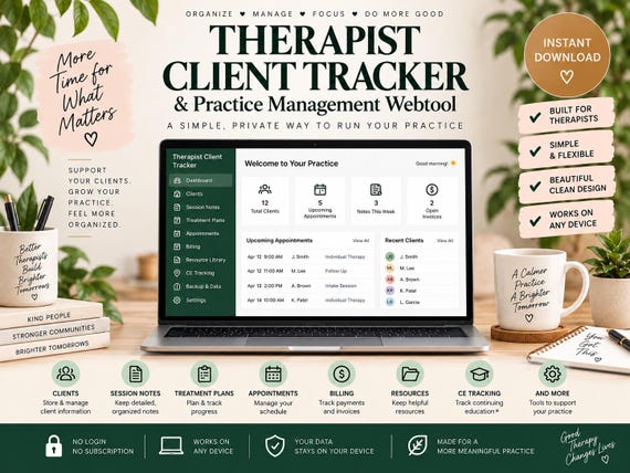 Therapist Client Tracker Offline Webapp | Private Practice Management Software, Session Notes, Treatment Plans, CRM | Therapist Planner