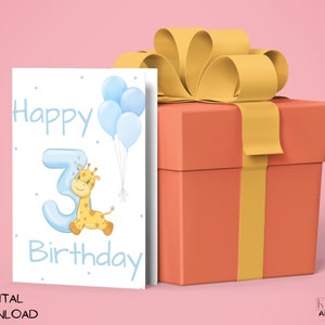 Druckbare Geburtstagskarte | Happy 3rd Birthday Karte | Digitale Geburtstagskarte mit Tiermotiven für 3 Jahre | Versende es digital oder drucke es aus