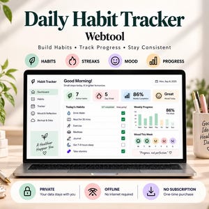 Daily Habit Tracker Webtool | Streak Tracker, Mood Journal, Monthly Habit Grid, No Subscription | No Complex Spreadsheets