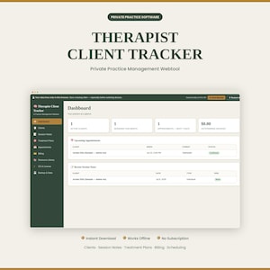 May include: A digital therapist client tracker web tool interface featuring a dashboard with sections for active clients, sessions, appointments, and invoices. The layout includes a dark green sidebar menu and a light beige background with text.