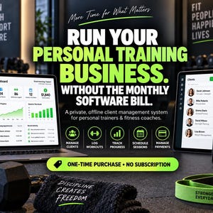 Software de seguimiento de clientes para entrenadores personales / Software para entrenadores de fitness con seguimiento de progreso, registros de entrenamiento y facturación / Sin suscripción mensual / Digital