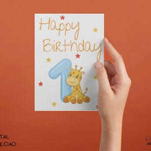 primeiro aniversário cartão comemorativo | primeiro cartão de aniversário imprimível | Cartão de aniversário infantil fofo para crianças de 1 ano | Envie digitalmente ou imprima