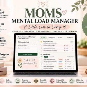 Könnte beinhalten: Ein Laptop zeigt die Benutzeroberfläche der Web-App Moms Mental Load Manager mit Aufgabenlisten, Prioritätenverfolgung und Organisationsfunktionen. Auf dem Bildschirm ist Text wie Empty My Head und Today's Tasks zu sehen.