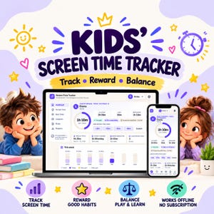 Könnte beinhalten: Ein digitaler Bildschirmzeit-Tracker für Kinder auf einem Laptop- und Smartphone-Bildschirm, mit dem Text 'KIDS' SCREEN TIME TRACKER', 'Track', 'Reward', 'Balance' und illustrierten Cartoon-Kindern als grafische Elemente.