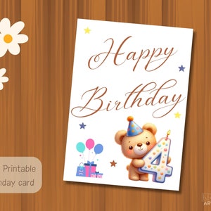 Druckbare 4.Geburtstagskarte | Alles Gute zum vierten Geburtstag | Grusskarte zum 4. Geburtstag | Geburtstagskarte für Kinder | Digitale Geburtstagskarte