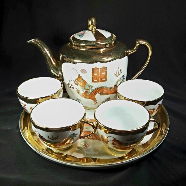 Chinese Jingdezhen - Red Dragonand  Phoenix - Gold Gilt - 6Pc Tea Set & Tray