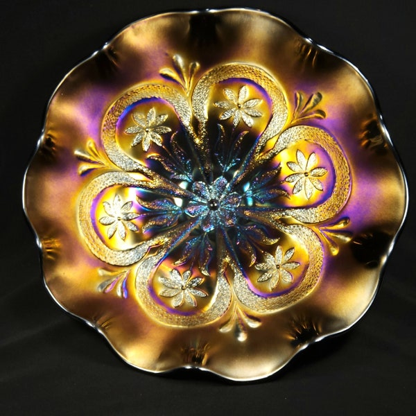 Dugan Super Electric Gold & Purple Flowers and Frames 9" Carnival Glass Bowl