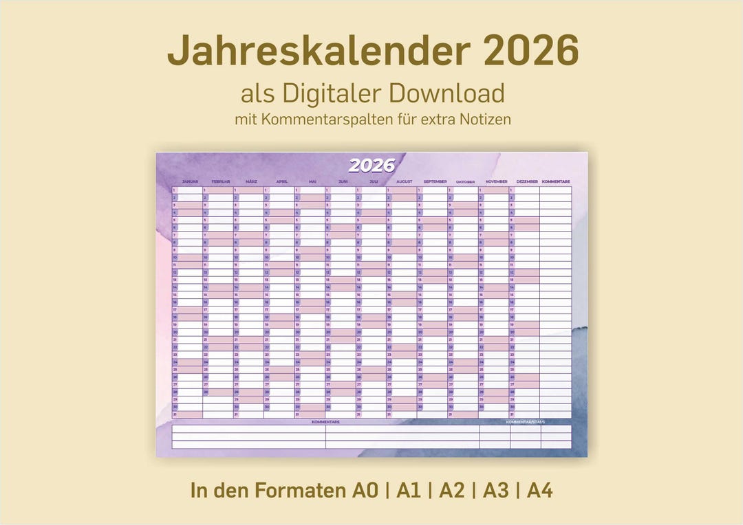 Jahreskalender 2026 zum Ausdrucken / digitaler DOWNLOAD im Querformat