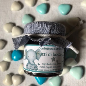 10 mini vasetti di confettura di frutti di bosco personalizzati per Bomboniere di Battesimo. Confetture extra del Bosco del Fracasso