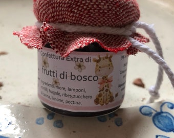 10 mini pots de 40 g de confiture de baies personnalisée pour cadeaux de baptême. Confitures extra Bosco del Fracasso