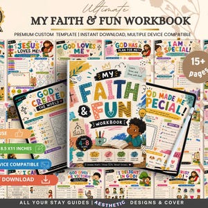 Peut inclure: Un cahier d'exercices numérique intitulé My Faith & Fun Workbook pour les 4-8 ans, avec une couverture colorée montrant un enfant qui lit, entouré de nombreuses pages d'activités incluant des leçons bibliques, des puzzles et des jeux.