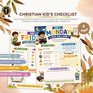May include: A Christian kid's checklist printable featuring two pages with colourful illustrations of children reading, daily task lists, prayer sections, and Bible verses. The text includes 'Day 2 Monday', 'Read God's Word', and 'Psalm 119:105'. Size is 8.5 x 11 inches.