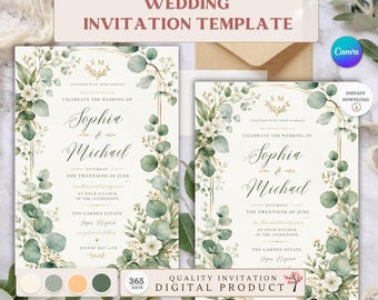 Elegant Botanical Wedding Invitation Template, Green Garden Ceremony (Digital Download)