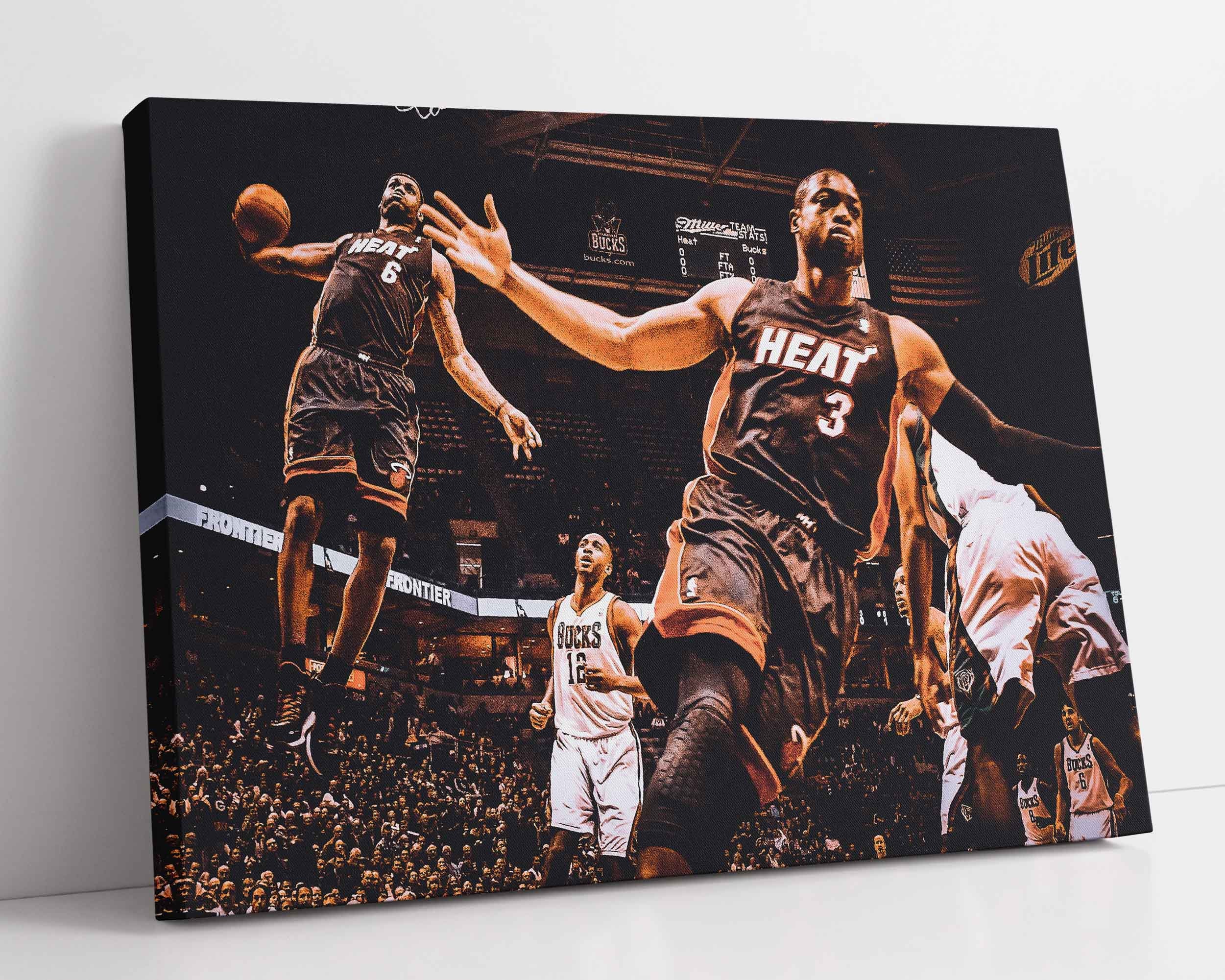 Dwayne Wade and Lebron James Dunk Poster Miami Heat Wall Art Home Decor  Hand Made Canvas Print