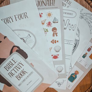 May include: A set of five printable Bible activity books for kids. The books feature colorful illustrations and activities related to the stories of Jonah, Joseph, and the whale. The cover of one book says "Bible Activity Book" and "Bible Stories & Activities".