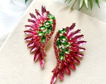 Glam Angel-Hot Pink/Green Angel Wing Earrings