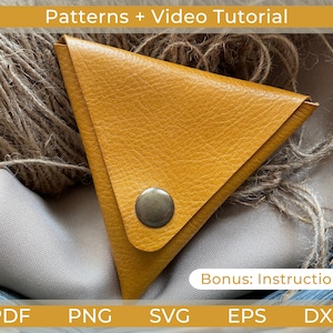 May include: A yellow leather coin purse with a snap closure. The purse is lying on a beige fabric surface with a brown rope. The image includes the text "Patterns + Video Tutorial" and "Bonus: Instructions".
