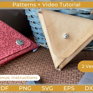 May include: Two leather coin purses, one red with a patterned design and one tan, with instructions and patterns for making your own.  2 Versions. PDF, PNG, SVG, EPS, DXF.