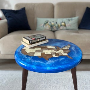 20 "Epoxidharz runder Beistelltisch mit USA-Karte | Rustikaler Couchtisch aus Kunstharz