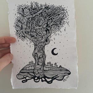 Disegno originale a penna e inchiostro - Disegnato da me su carta di cotone da 250 g/m² - Intitolato "Albero lunare"