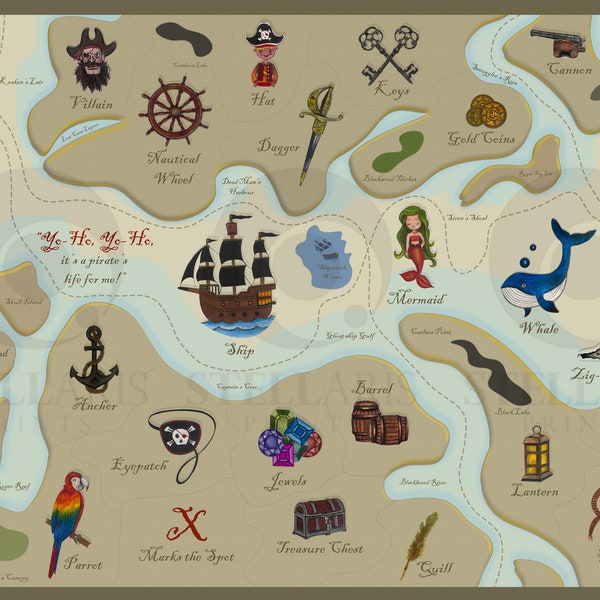 ABC Alphabet Pirate Treasure Map | Printable Pirate Map | Hand drawn A-Z with islands, Coves and sea passages