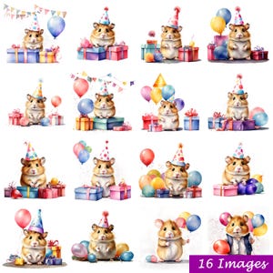 16 PNG Aquarell Hamster Geburtstagsfeier Ballon, Tier Clipart, Clipart Bundle, kommerzielle Nutzung, Handwerk, digitale Kunst, Scrapbooking