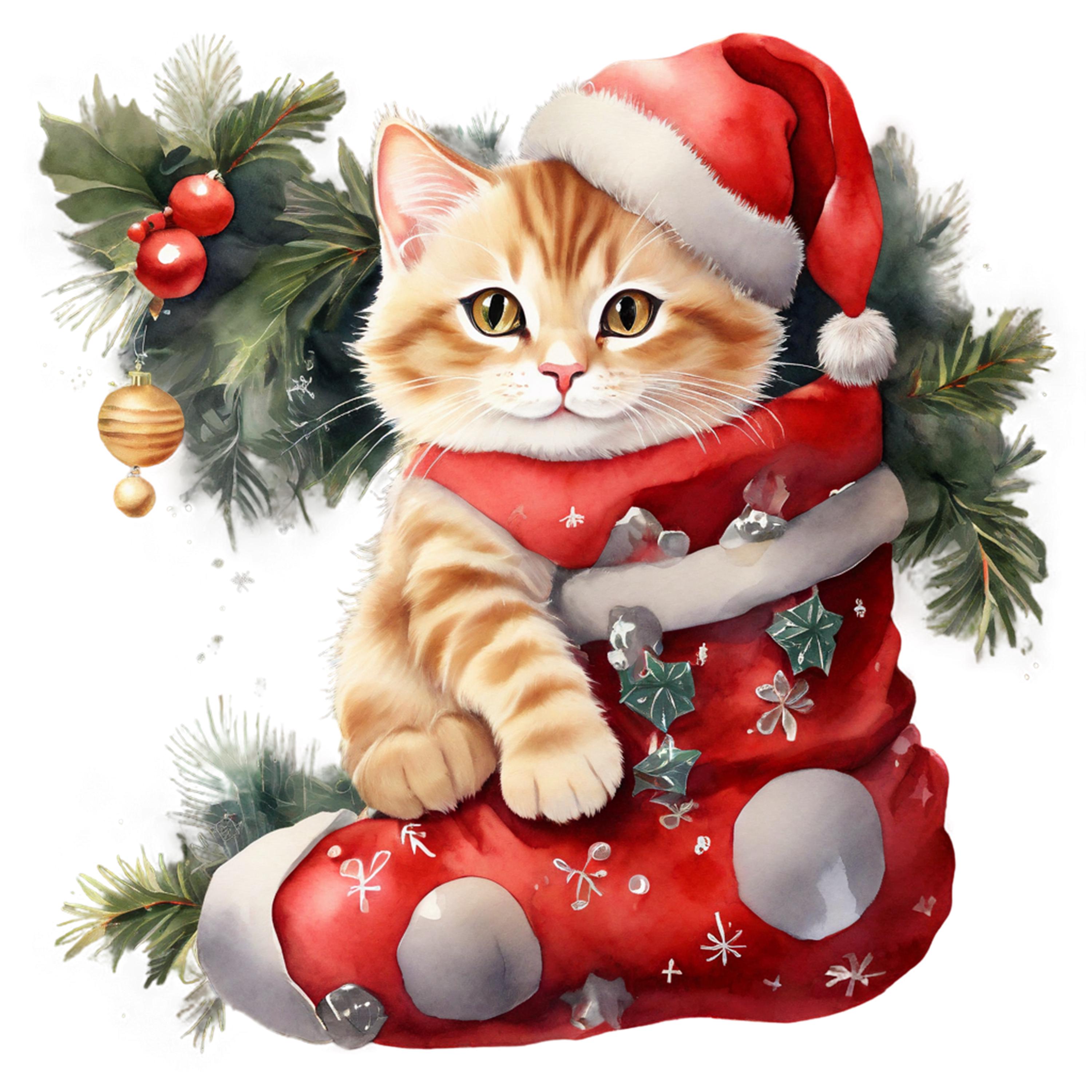 22 PNG Watercolour Cat in Christmas Stocking, Christmas Clipart ...