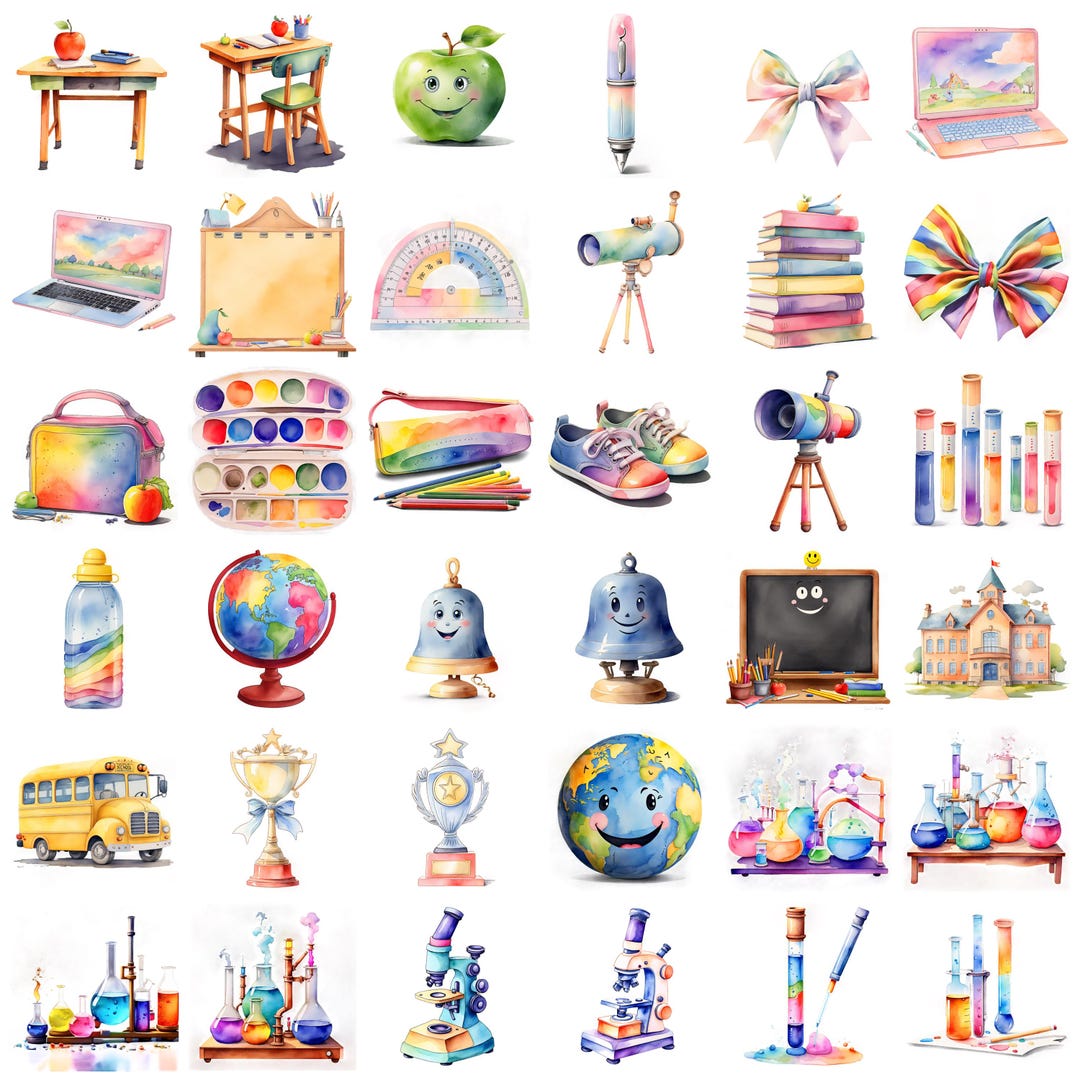 36 PNG Watercolour Back to School Rainbow and Pastel Items Clipart ...