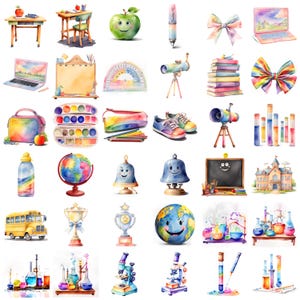 Aquarelle de 36 PNG pour la rentrée des classes arc-en-ciel et clipart d'articles pastel, lot de cliparts, téléchargement immédiat, scrapbooking, numérique, usage commercial