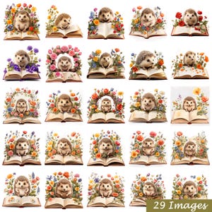 Clipart hérisson - 29 PNG aquarelle mignon hérisson dans un livre avec des fleurs d'art numérique pour l'artisanat et la conception, téléchargement immédiat, usage commercial