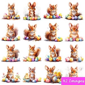 Oeuf de Pâques écureuil aquarelle PNG 42, clipart animal, lot de cliparts, créations artistiques, téléchargement immédiat, usage commercial, scrapbooking