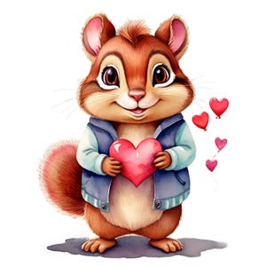 Clipart di scoiattolo acquerello: 12 PNG per la celebrazione di San Valentino, arte di animali carini per biglietti e artigianato, uso commerciale, arte digitale