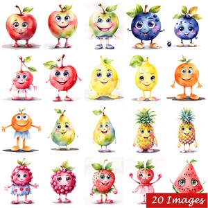 20 PNG acquerello simpatici personaggi di frutta sorridenti, bundle Clipart, download digitale, arti e mestieri, scrapbooking, uso commerciale