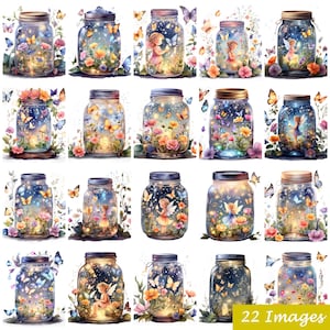Aquarell Feen Glas Clipart, 22 PNG-Set mit Schmetterling Designs, digitale Kunst für Handwerk & Scrapbooking, sofortiger Download, kommerzielle Nutzung