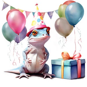 Congratulations Lizard 20 PNG Watercolour Cute Lizard Birthday Celebration With Balloons ...