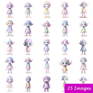 25 PNG 水彩画 かわいい 楽しい パステルカラー エイリアン、魔法のクリップアート、クリップアート バンドル、工芸品、デジタル アート、デジタル ダウンロード、商用利用