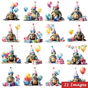 21 PNG Acuarela linda celebración de cumpleaños de tortuga con globos presentes, color brillante, clipart de tortuga, clipart de animales, paquete de clipart