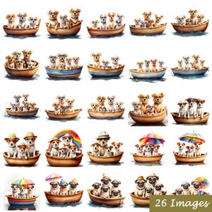 26 PNG Aquarell süßer Hund im Boot, Clipart Bundle, Kunst und Handwerk, sofortiger Download, digitale Kunst, kommerzielle Nutzung