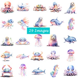 29 PNG 水彩パステルカラーの海の生き物、動物のクリップアート、クリップアートバンドル、工芸品、デジタルダウンロード、スクラップブッキング、商用利用