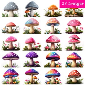Clipartset aquarel paddenstoel | 23 leuke, kleurrijke png's met planten en bloemen voor knutselen, scrapbooking, instant download, commercieel gebruik