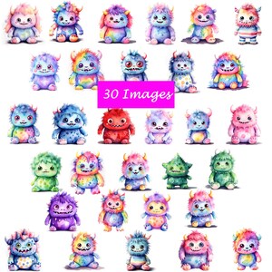 30 PNG Acquerello teneri mostri divertenti e coccolosi, clipart di mostri, pacchetto Clipart, download immediato, arte digitale, artigianato, uso commerciale