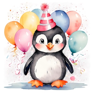 40 PNG aquarela pinguim aniversário clipart | decorações de festa fofas e cartões, downloads digitais divertidos, uso comercial, artes e ofícios