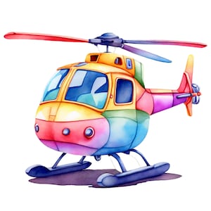 15 PNG Helicóptero divertido de acuarela, clipart de transporte, paquete de clipart, descarga instantánea, scrapbooking, artes, manualidades, uso comercial