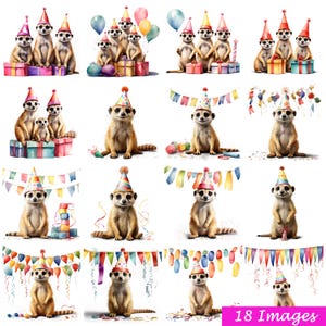 18 PNG 水彩かわいいミーアキャットの誕生日のお祝いの風船プレゼントのクリップアート、明るい色、ミーアキャットのクリップアート、動物のクリップアート、クリップアートのバンドル