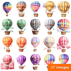 27 PNG acquerello mongolfiera colorata, clipart vivaio, bundle clipart, album, download digitale, arti e mestieri, uso commerciale