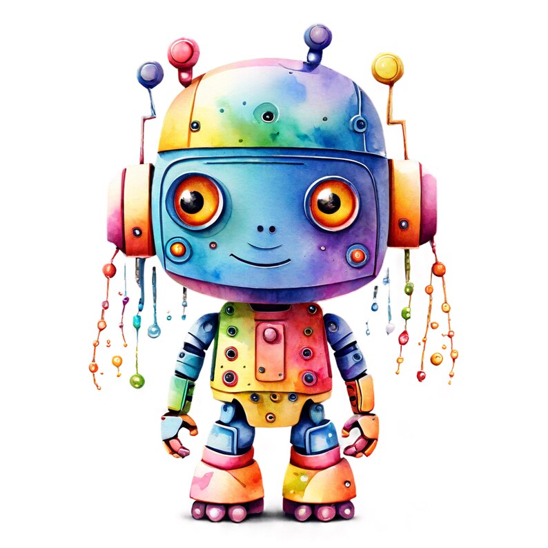 Rainbow Robot Clipart Bundle - 30 PNG Watercolour Robots for ...