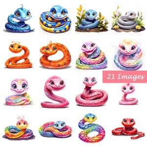 Cute Watercolor Snakes Clipart | 21 PNG Cobras coloridas divertidas para projetos DIY, convites e artesanato, download instantâneo, arte, uso comercial
